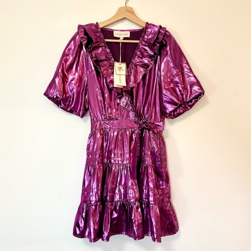 NWT $267 Love The Label Remy Ruffle Mini Short Dress Purple Metallic Small